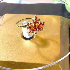 Yellow Gold Maple Leaf Orange Zirconia Stones Ring